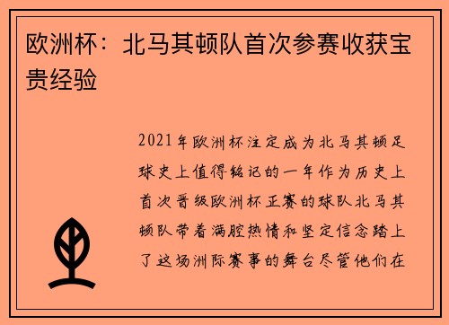 欧洲杯：北马其顿队首次参赛收获宝贵经验